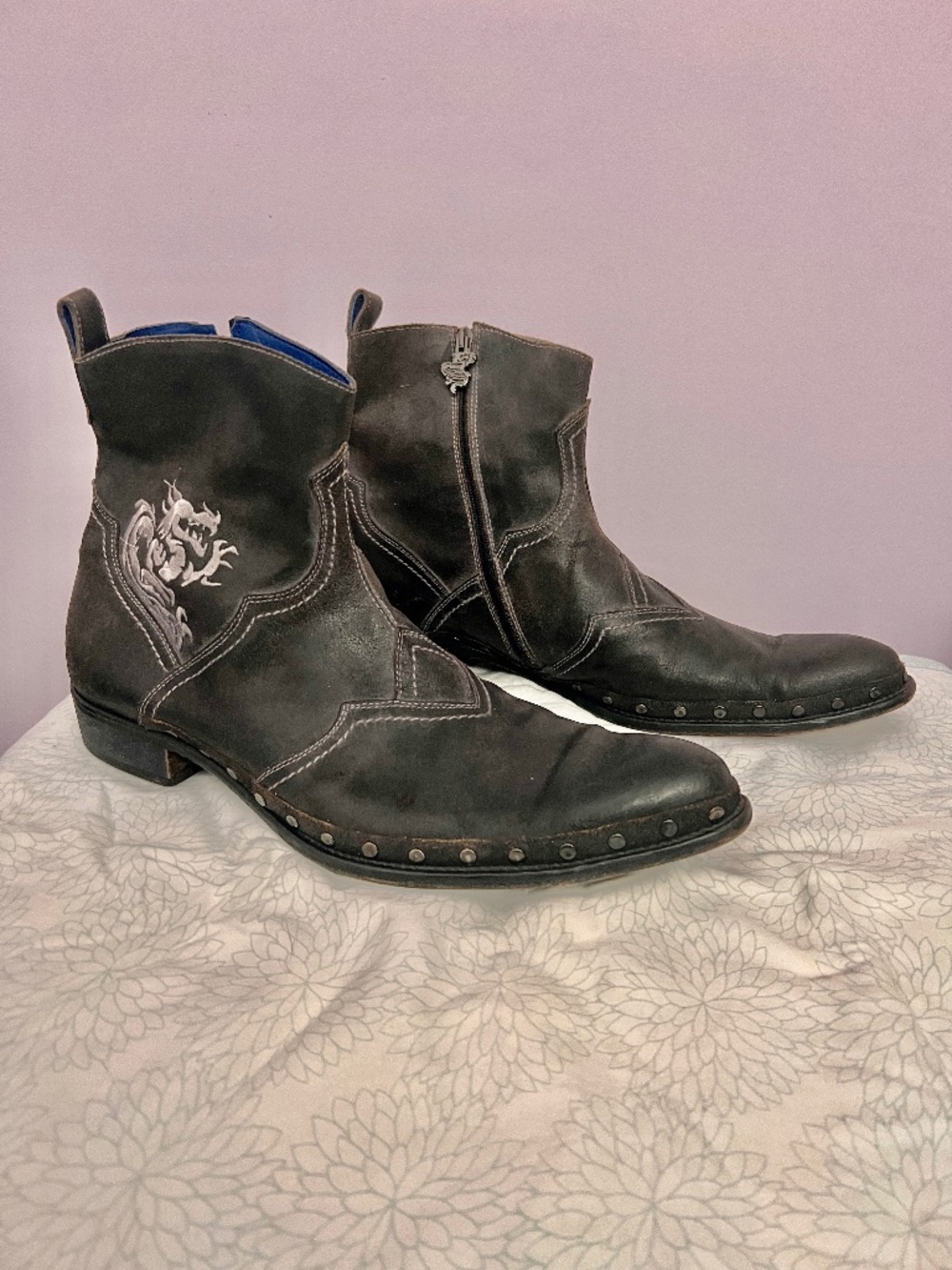 Mark Nason 67671 Rock Lives Dragon Black Leather Ankle Boots Pointed stl Size 12